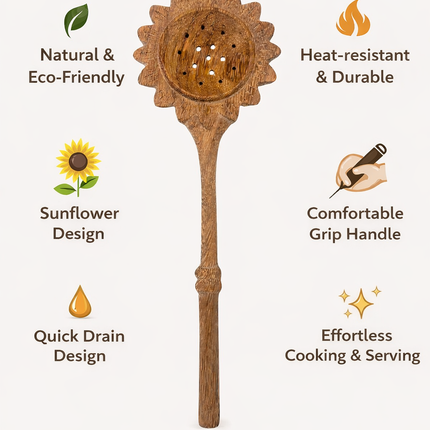 Handcrafted sunflower slotted spoon made from premium ashwood for durable elegant and everyday cooking use.