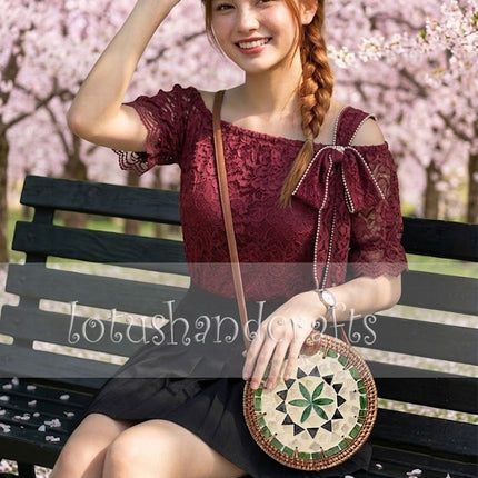 Womens Round Rattan Crossbody Bag - Mother Of Pearl & Green Flower Mosaic, Boho Style by Lotushandcrafts