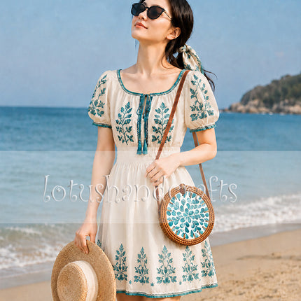 Handcrafted Round Rattan Bag With Mother Inlay with Teal Floral Pearl Mosaic - Boho Style by LotusHandcrafts