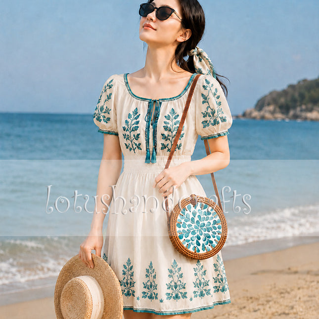 Handcrafted Round Rattan Bag With Mother Inlay with Teal Floral Pearl Mosaic - Boho Style by LotusHandcrafts