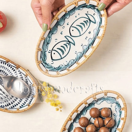 Beautiful handmade ceramic serving tray with woven rattan edge perfect for small treats and decorative styling.