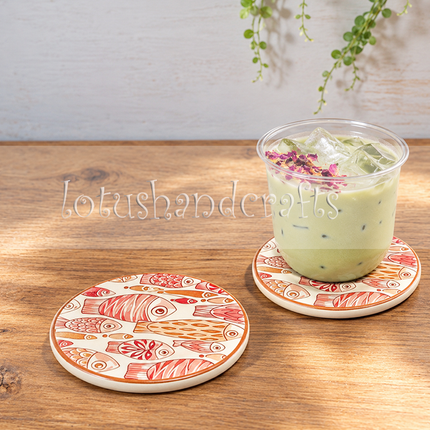 This colourful ceramic drink coaster is designed for coffee mugs, teacups and drinking glasses.