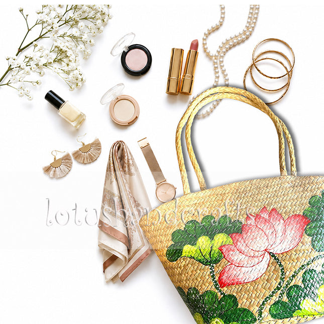 Handwoven Seagrass Tote Bag with Hand-Painted Pink Lotus Blossom.