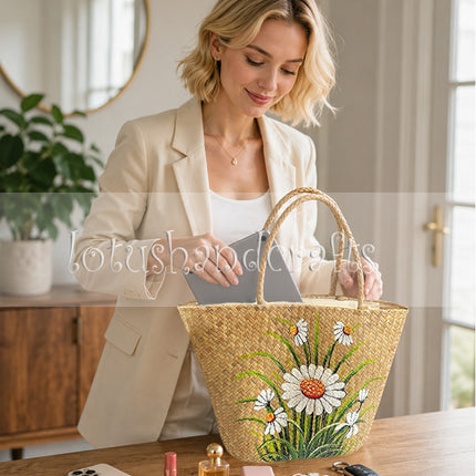 Handmade shoulder bag with hand-painted daisy flowers.