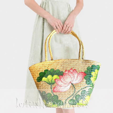 Hand-Painted Lotus Blossom Handwoven Seagrass Tote Bag.