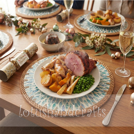 Radiating aqua and turquoise teardrop motifs create a graceful blooming effect across this round placemat.
