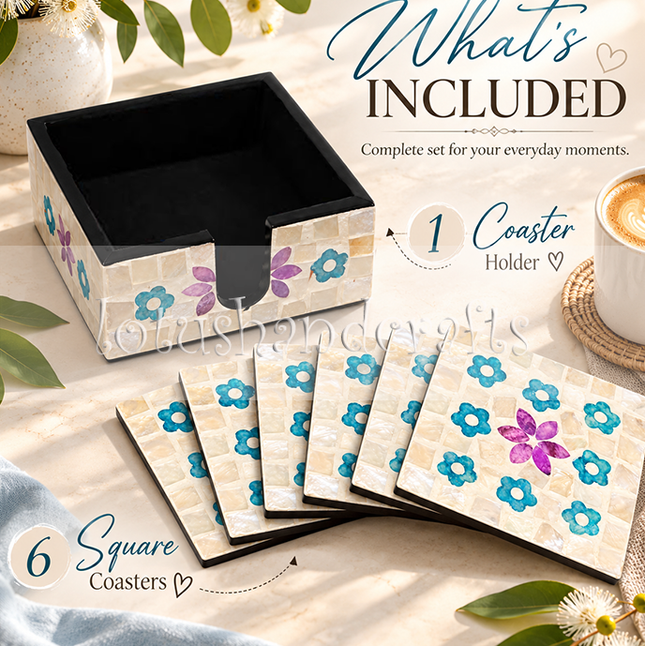 turquoise blue flower & purple floral mother of pearl square coasters with holder 6-piece top view of intricate shell mosaic.