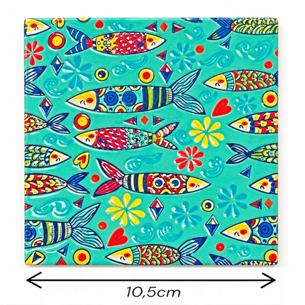 Decorative fish, swirling waves and colourful floral motifs create a cheerful folk-art-inspired look.