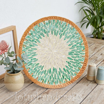 Turquoise Radiant Leaf Mother of Pearl Rattan Tray Charger Plate.