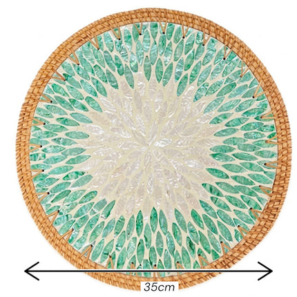 size Turquoise Radiant Leaf Mother of Pearl Rattan Tray Charger Plate by Lotushandcrafts.