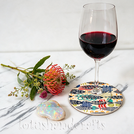 Vietnamese Turquoise Fish Pattern Round Ceramic Coaster – Colorful Folk Art Ocean Design Drink Coaster by Lotushandcrafts.