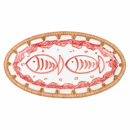 Hand-painted twin red fish create a charming coastal focal point on the white ceramic surface.