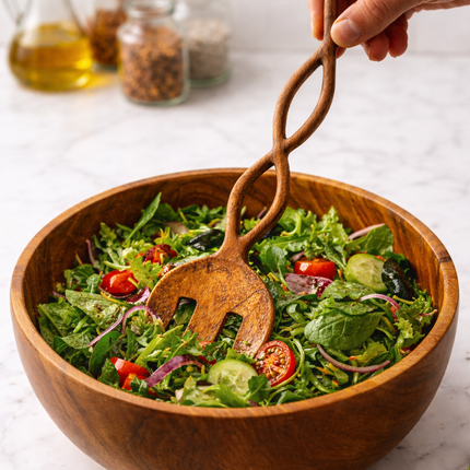 Twisted long handle wooden salad fork is perfect for mixing fresh salads easily.