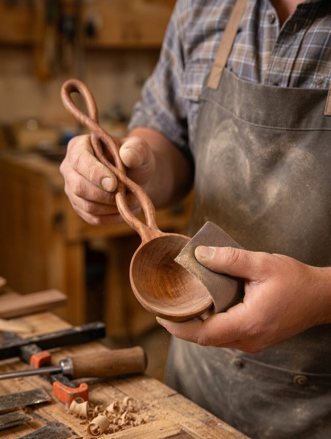 A twisted long handle wooden spoon crafted by skilled artisans with care and precision.