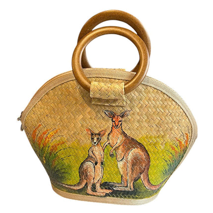 Handmade half moon seagrass straw handbag with hand painted two kangaroos.
