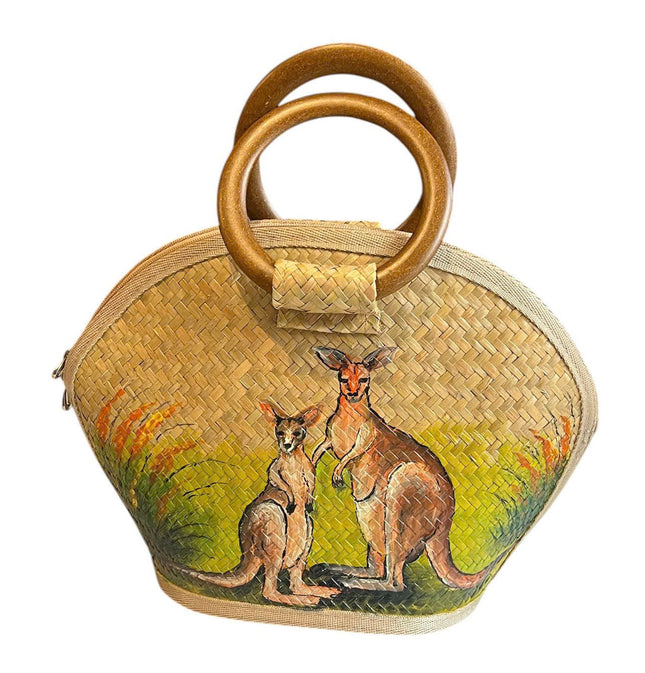 Handmade half moon seagrass straw handbag with hand painted two kangaroos.