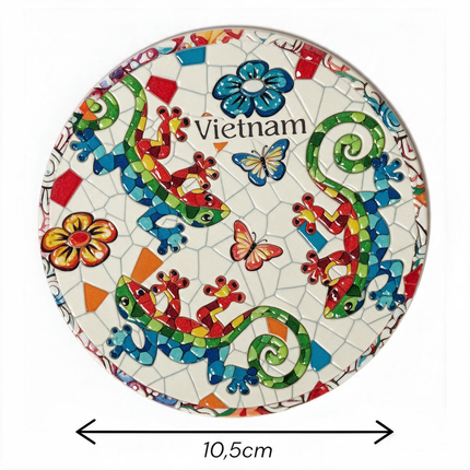 A charming individual ceramic coaster featuring playful mosaic lizards, colourful flowers and intricate folk-art-inspired details.