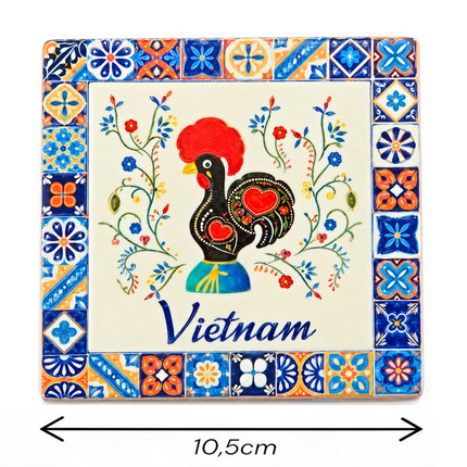 Admire the striking rooster motif, featuring a bright red comb, intricate heart accents, and colourful decorative patterns against a warm ivory background.