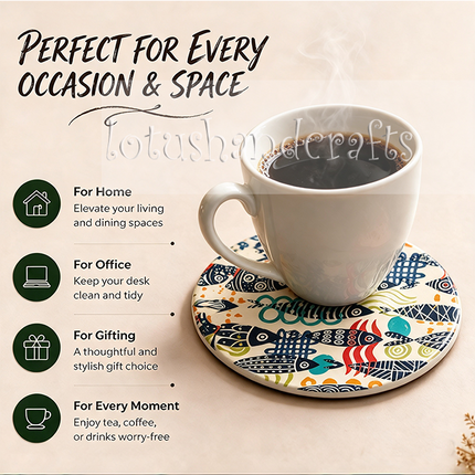 Add a joyful splash of color to your coffee table with this artistic coaster featuring vibrant fish illustrations against a warm ivory background.