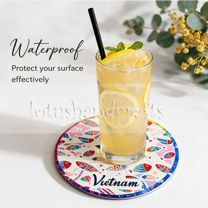 A colorful fish ceramic coaster displayed as a decorative tabletop accent, bringing playful color and artistic character to dining tables, kitchen counters, or home offices.