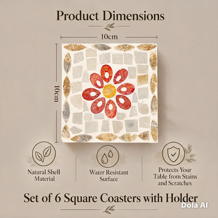 Product dimension and feature overview displaying a 10x10 cm square coaster with natural shell materials and protective backing.
