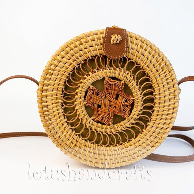 Cute handwoven vintage round rattan crossbody bag with natural handcrafted charm and timeless boho style.