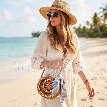 Cute vintage handwoven round rattan crossbody bag with natural handcrafted style for modern women.
