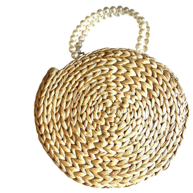 Handwoven Round Water Hyacinth Handbag with Faux Pearl Handle, Handmade Straw Top Handle Bag.