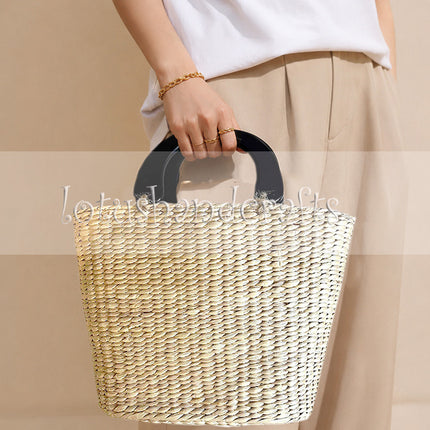 Stylish Handwoven Water Hyacinth Straw Top Handle Handbag.
