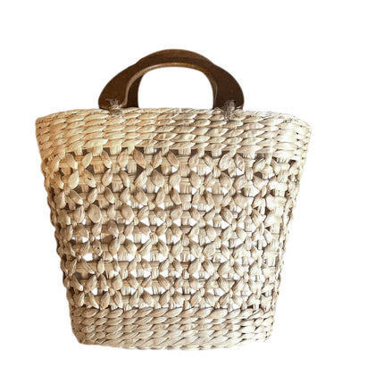 Handwoven Water Hyacinth Open Weave Handbag with Wooden Top Handle by Lotushandcrafts.