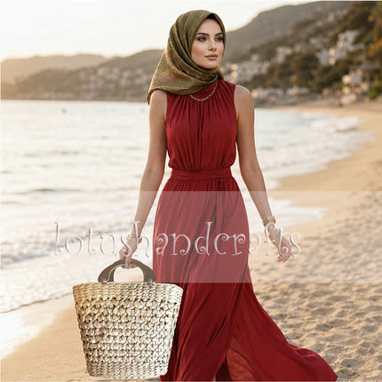 Handwoven water hyacinth open weave handbag with a charming wooden top handle.