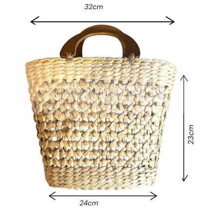 Handwoven water hyacinth open weave handbag with wooden top handle in medium size.