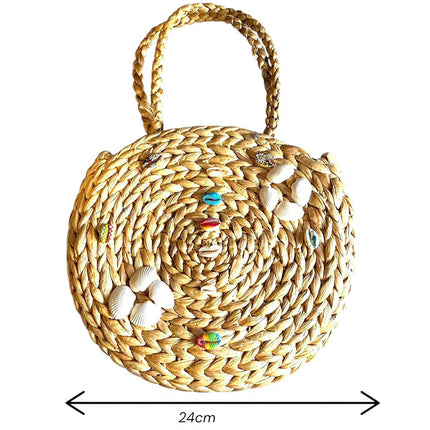 Boho round water hyacinth tote with seashell embellishments in 24 cm.