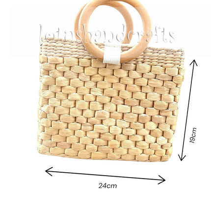 Handwoven water hyacinth structured handbag size.
