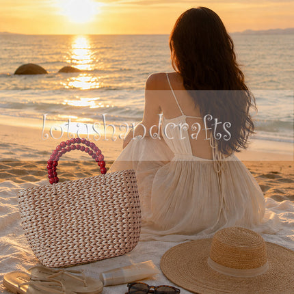 Handwoven water hyacinth tote bag with wooden bead handles for beach and everyday style.