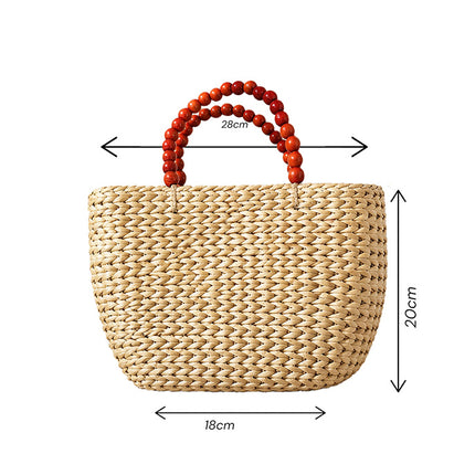 Handwoven water hyacinth tote bag with wooden bead handles dimensions.