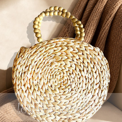 Cute Handwoven Round Water Hyacinth Tote Bag with Wooden Bead Handles.