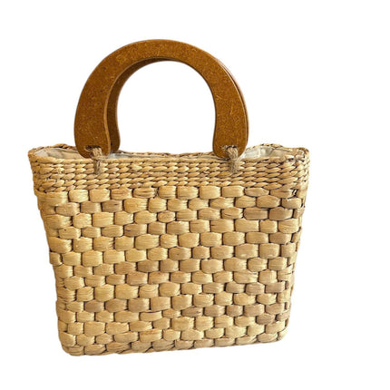 Cute handwoven water hyacinth handbag with wooden top handle.