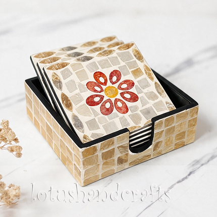 Close-up top view of a single square coaster showcasing the intricate red floral mosaic pattern crafted from natural mother-of-pearl.