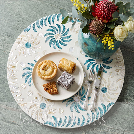 Handcrafted Round Mother of Pearl with White & Blue Spiral Floral Placemat.