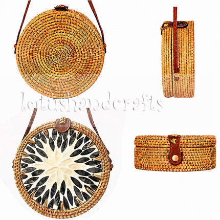 Round woven rattan crossbody purse with mother of pearl accents and a youthful boho style.