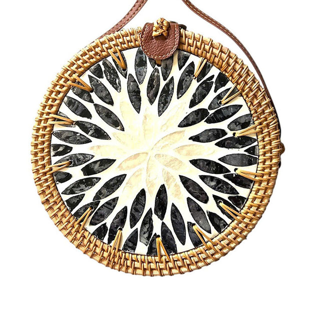 Cute boho round woven rattan mother of pearl crossbody purse.
