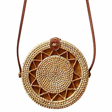 Handwoven Round Rattan Crossbody Bag for Everyday Boho Style.