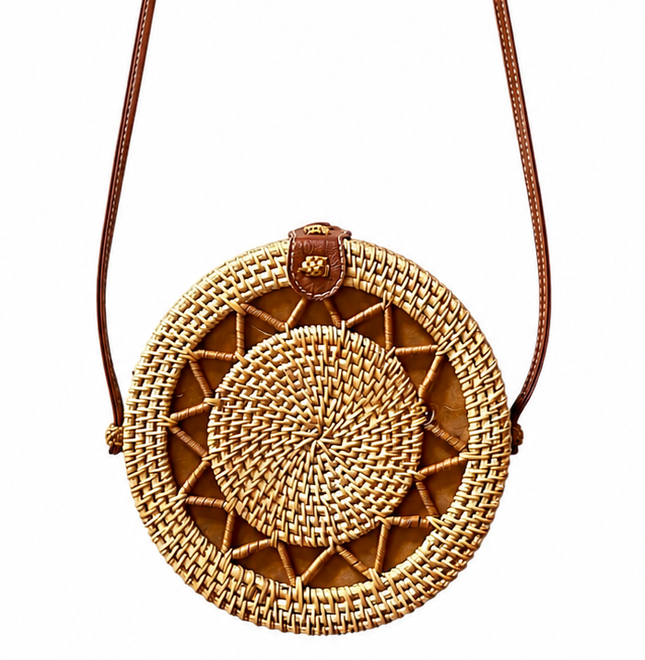 Handwoven Round Rattan Crossbody Bag for Everyday Boho Style.