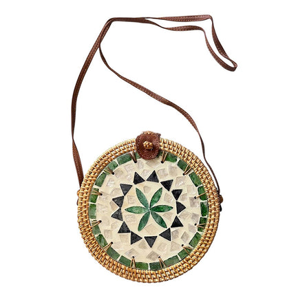 Womens Round Rattan Crossbody Bag - Mother Of Pearl & Green Flower Mosaic, Boho Style by Lotushandcrafts