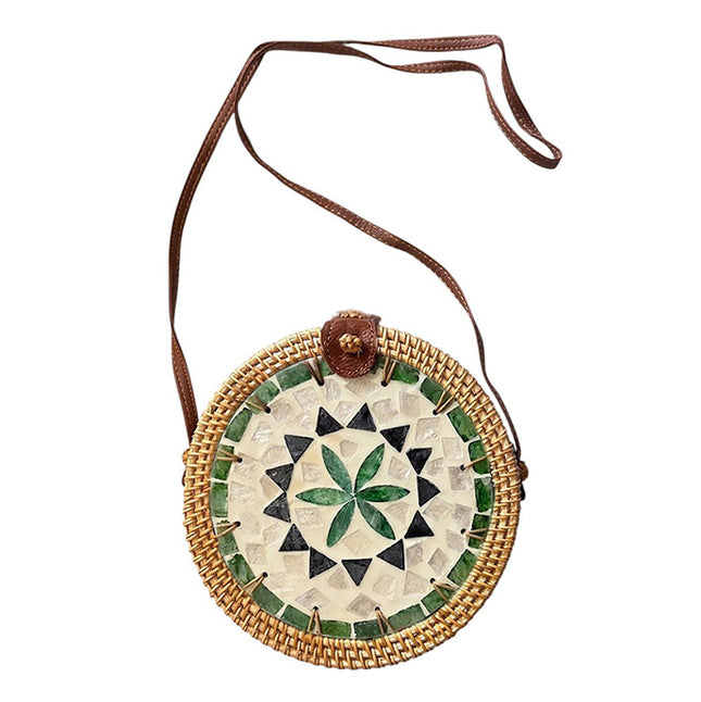 Cute womens round rattan crossbody bag with mother of pearl and green flower mosaic.