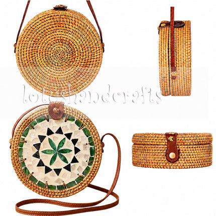 Womens Round Rattan Crossbody Bag - Mother Of Pearl & Green Flower Mosaic, Boho Style by Lotushandcrafts