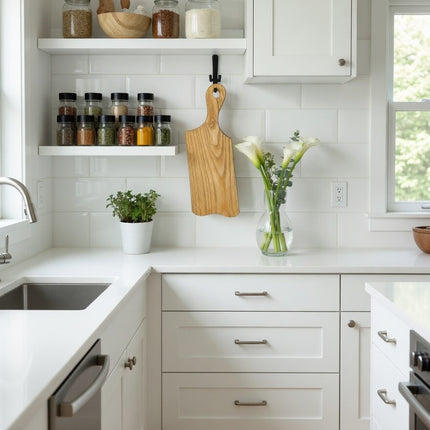 Ash wood serving board with handle for decor and everyday kitchen use.