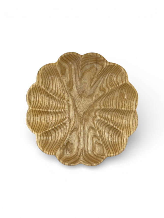 Wooden flower shaped serving plate designed by Lotushandcrafts for everyday dining and decor use.