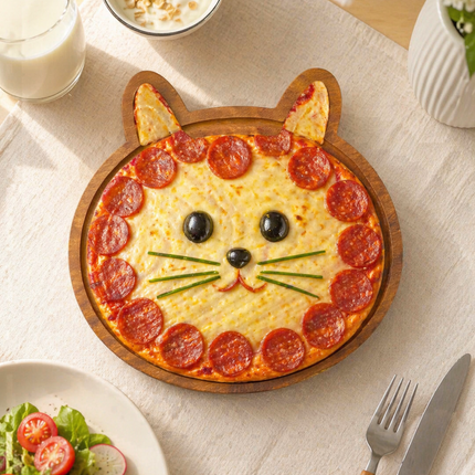 Handcrafted wooden cat shaped plate that is cute and safe for users.